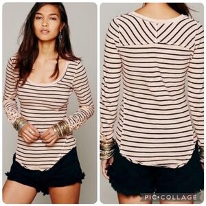 Free People Striped Scoop Neck Lace Cuff Tuscaloosa Long Sleeve T-Shirt Peach